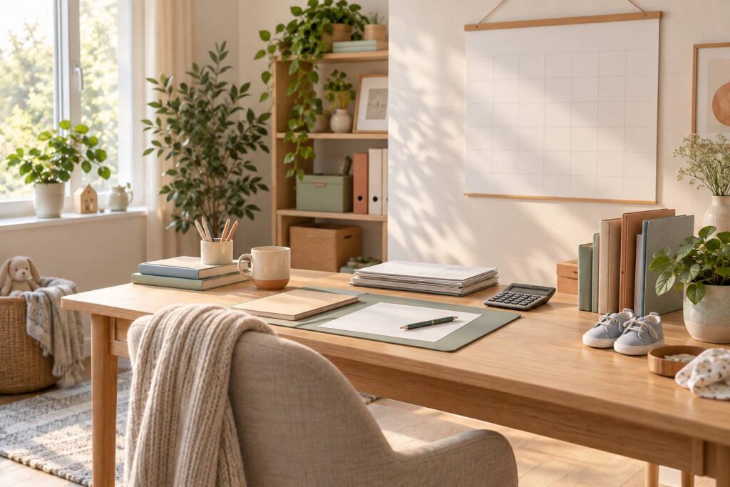 Bureau familial avec calendrier et documents évoquant le congé parental