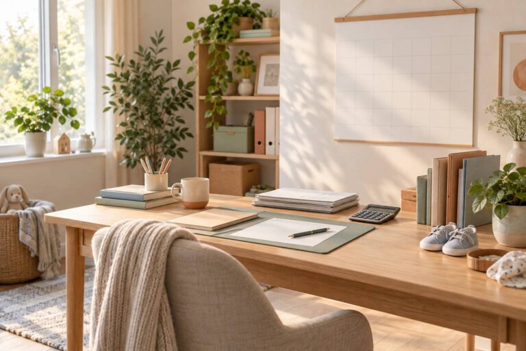 Bureau familial avec calendrier et documents évoquant le congé parental