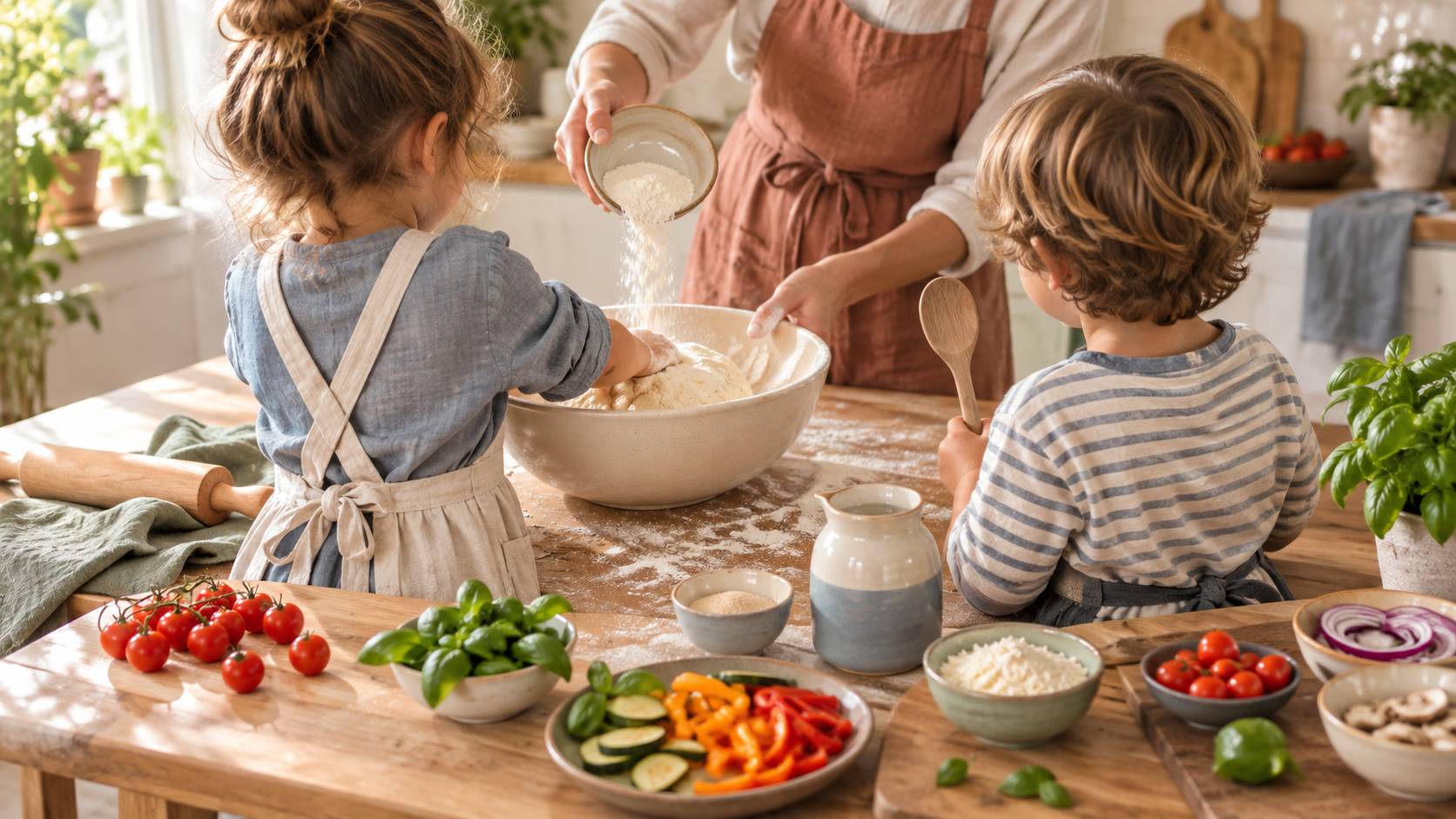 Illustration éditoriale du sujet : Faire la pizza avec les enfants : étapes simples et garnitures qu'ils aiment