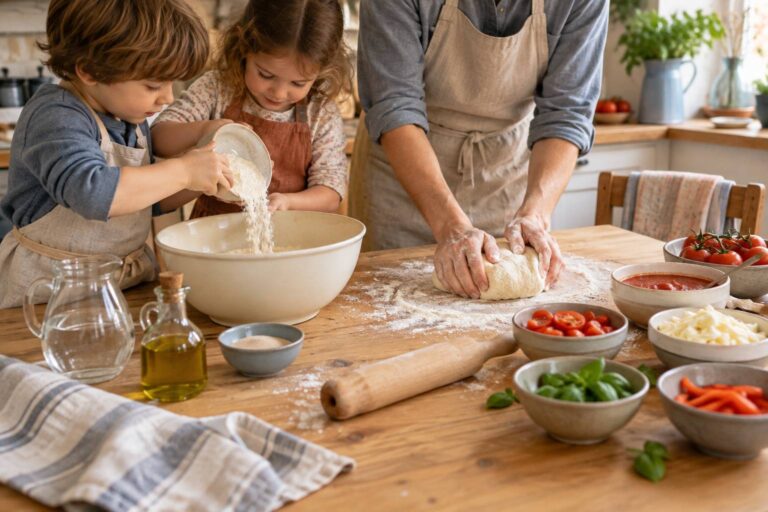 Illustration éditoriale du sujet : Faire la pizza avec les enfants : étapes simples et garnitures qu'ils aiment