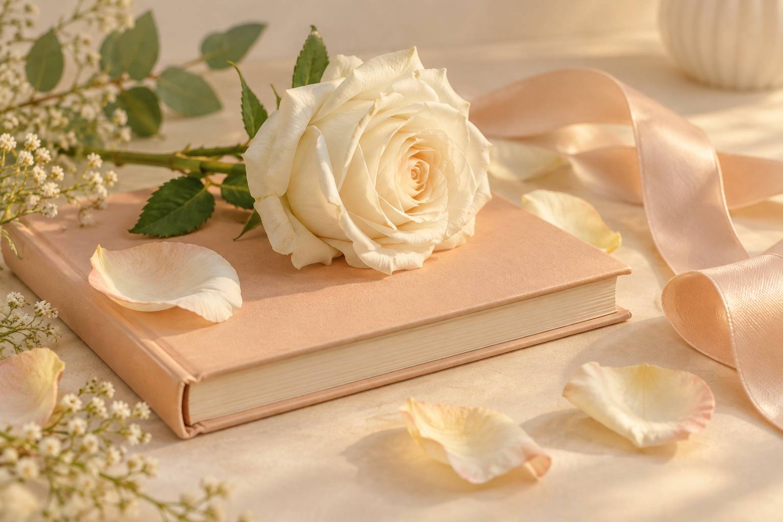 Gros plan sur une rose blanche et un ruban de satin sur fond ivoire