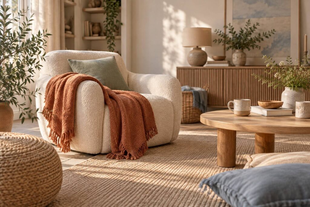 Fauteuil en tissu doux et plaid dans un intérieur familial apaisant