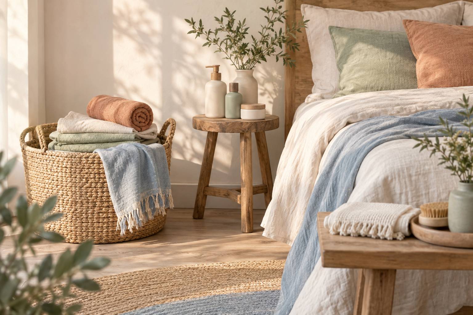 Coin de chambre clair avec linge plié et serviette roulée à la lumière du matin