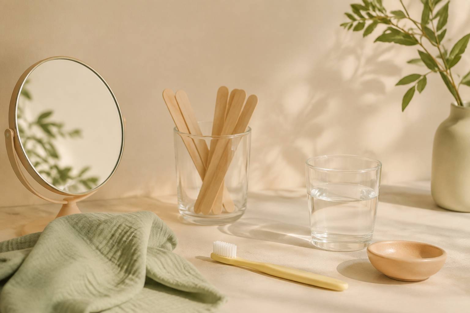 Miroir, abaisse-langues en bois et brosse à dents d'enfant posés près d'un verre d'eau
