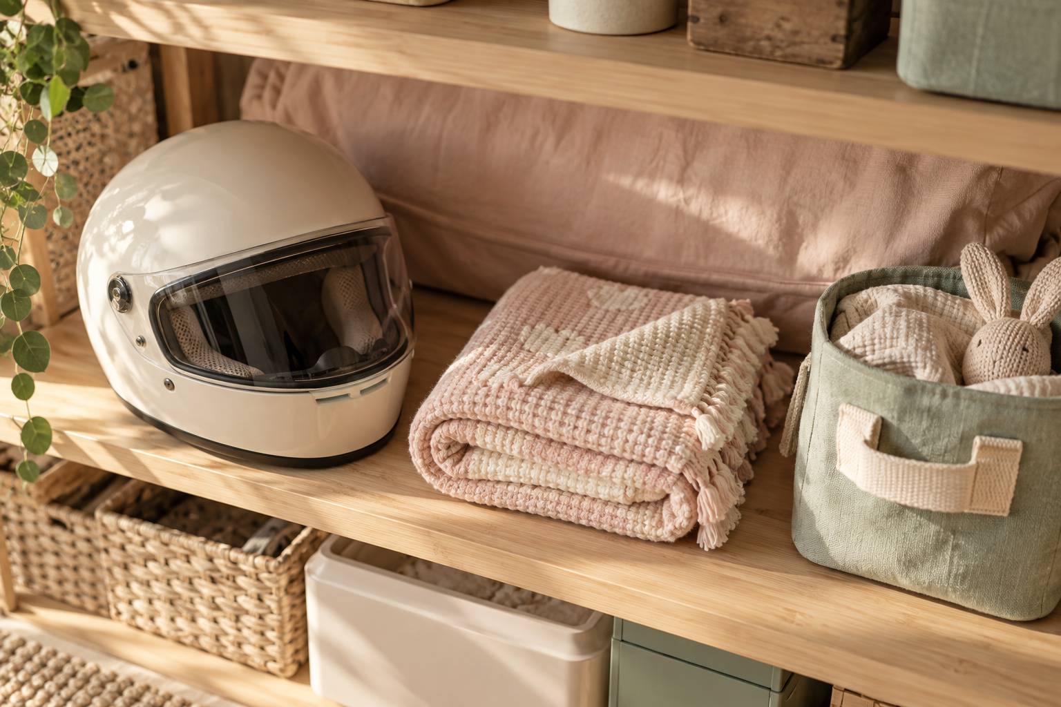 Casque, plaid bebe et sac de rangement alignes sur une etagere de garage