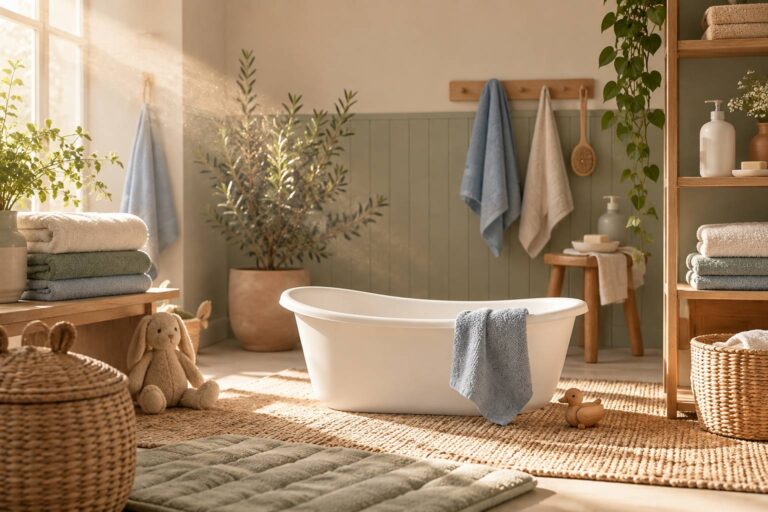 Salle de bain de bébé avec serviettes empilées et flacon de soin sans étiquette