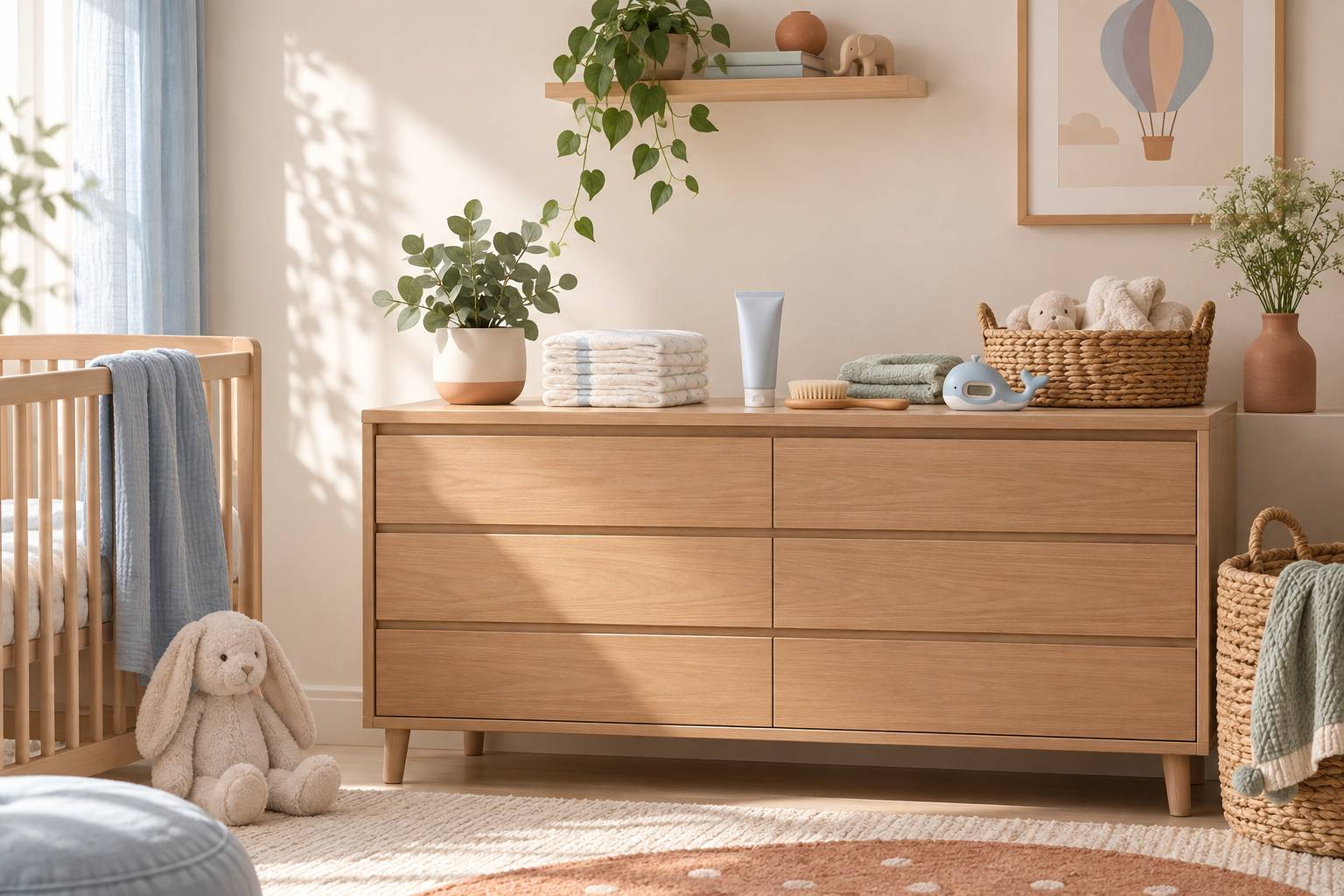 Commode de nursery avec couches, crème de soin unie et brosse douce