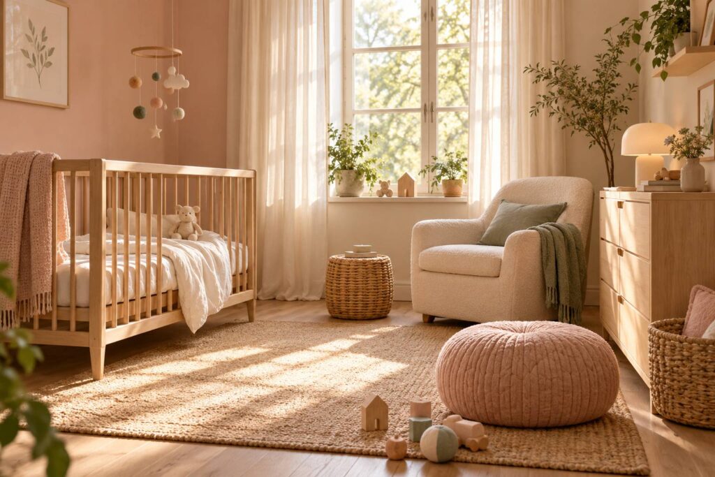 Berceau en bois clair garni de linge blanc dans une chambre de bebe calme