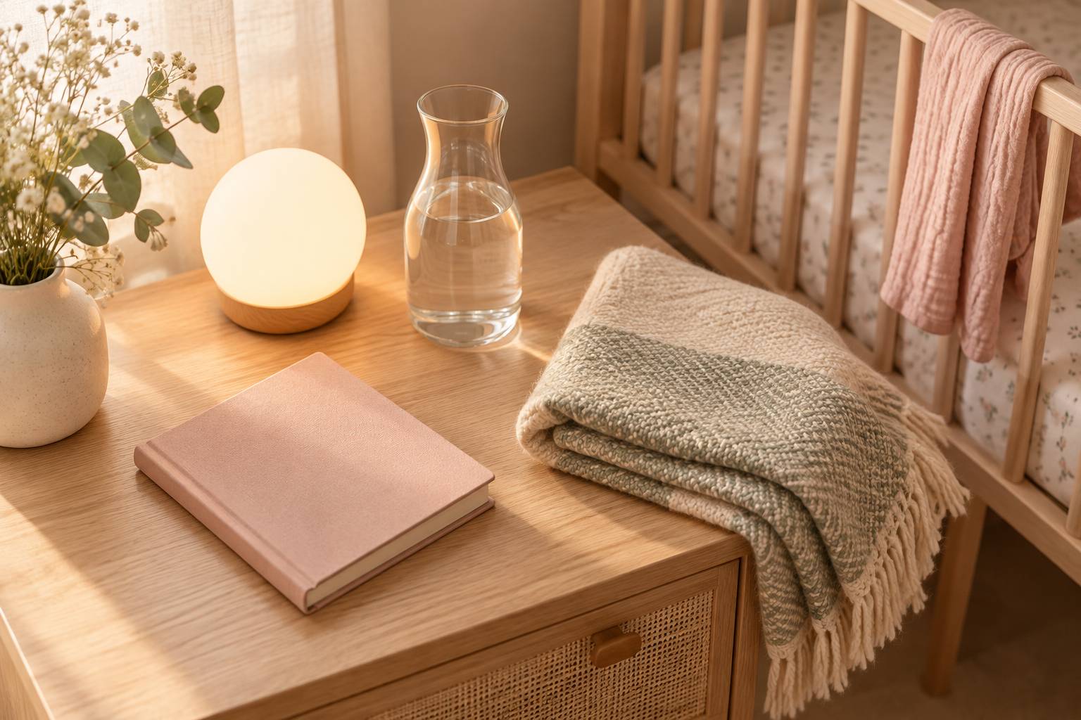 Carafe, couverture pliee et veilleuse ronde pres d'un berceau
