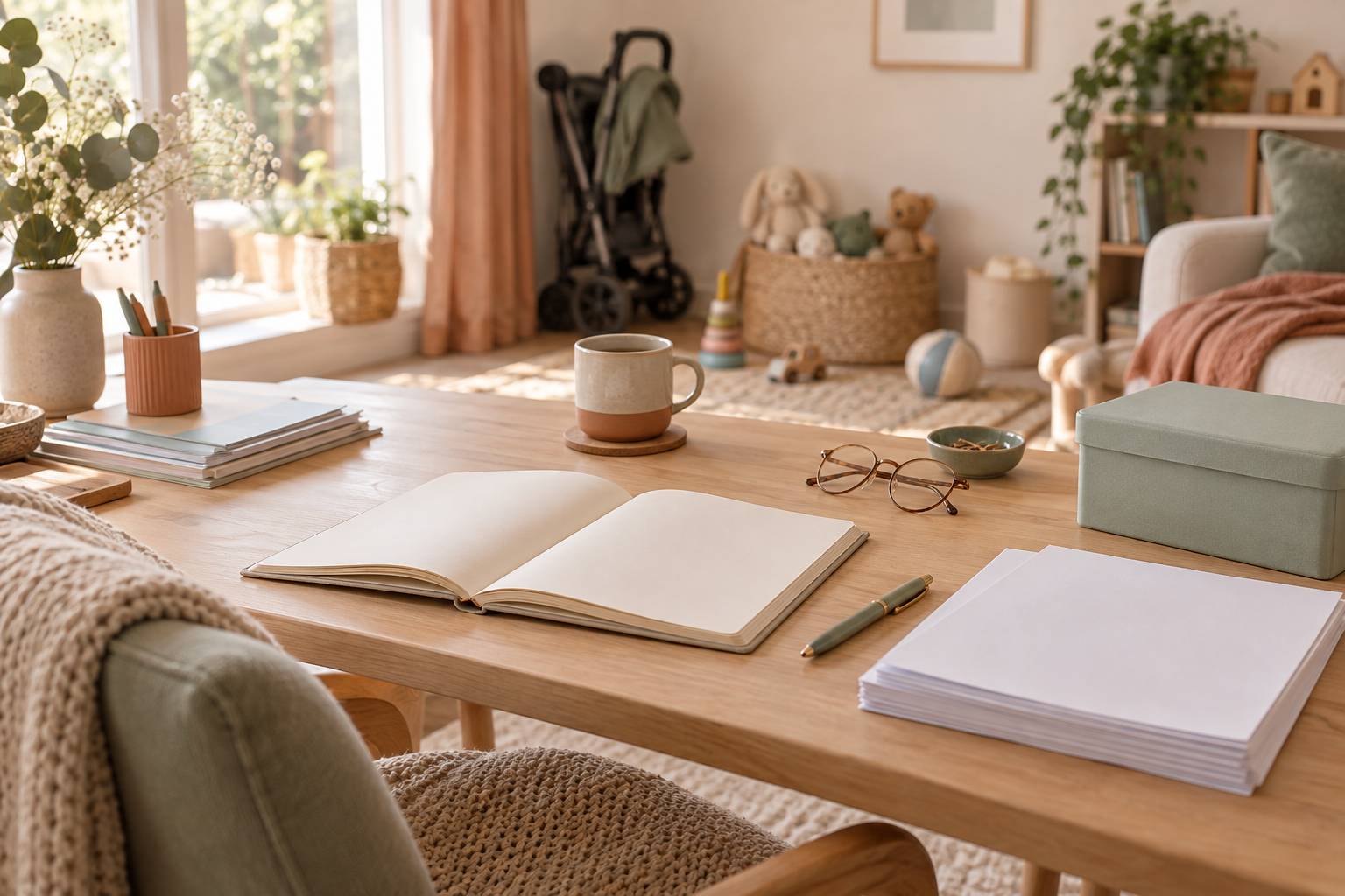 Bureau familial avec calendrier et documents illustrant le congé parental