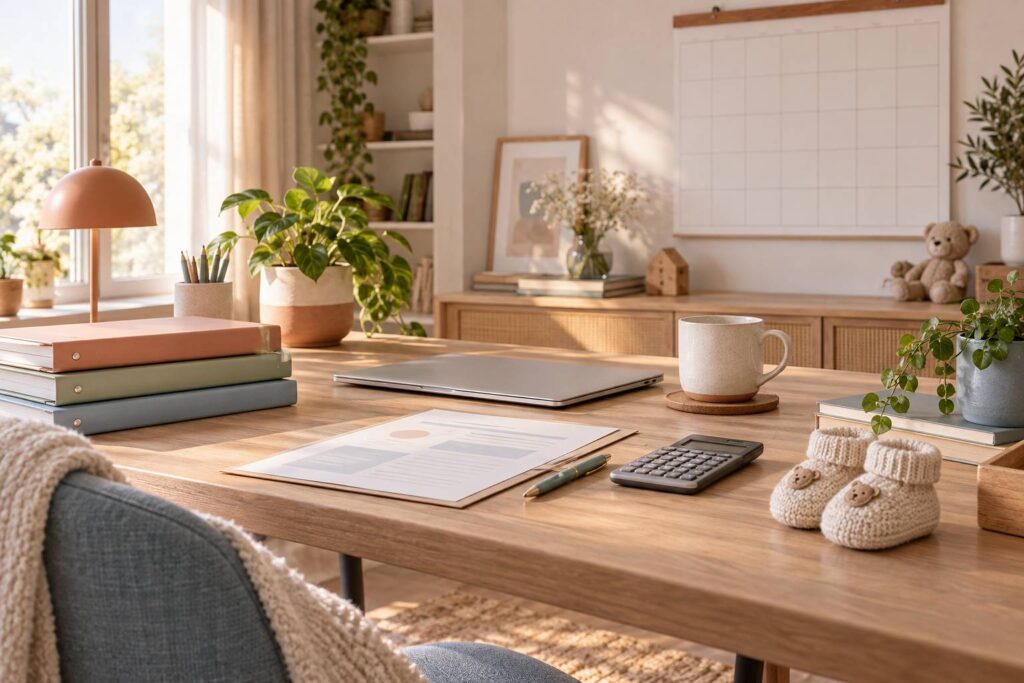 Bureau familial avec calendrier et documents illustrant le congé parental