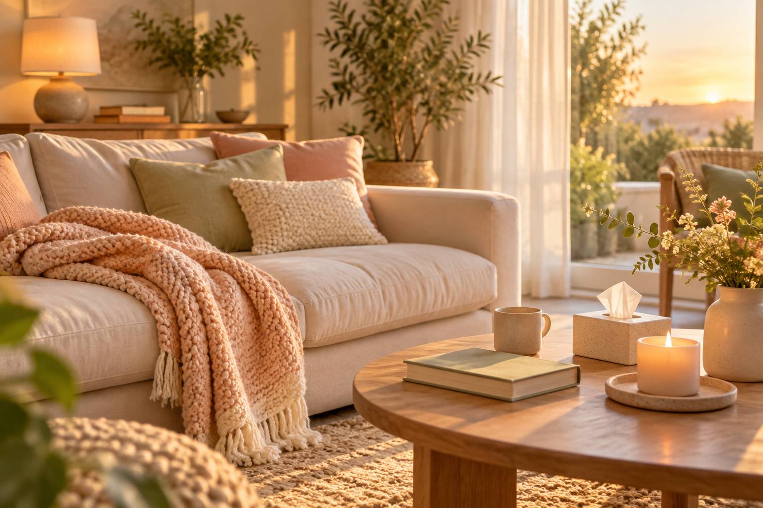 Plaid en laine, bougie et mouchoirs sur une table basse dans un salon apaisant