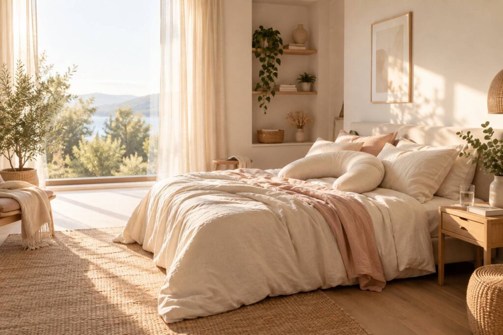 Chambre claire et calme avec lit defait et coussin pose sur le drap