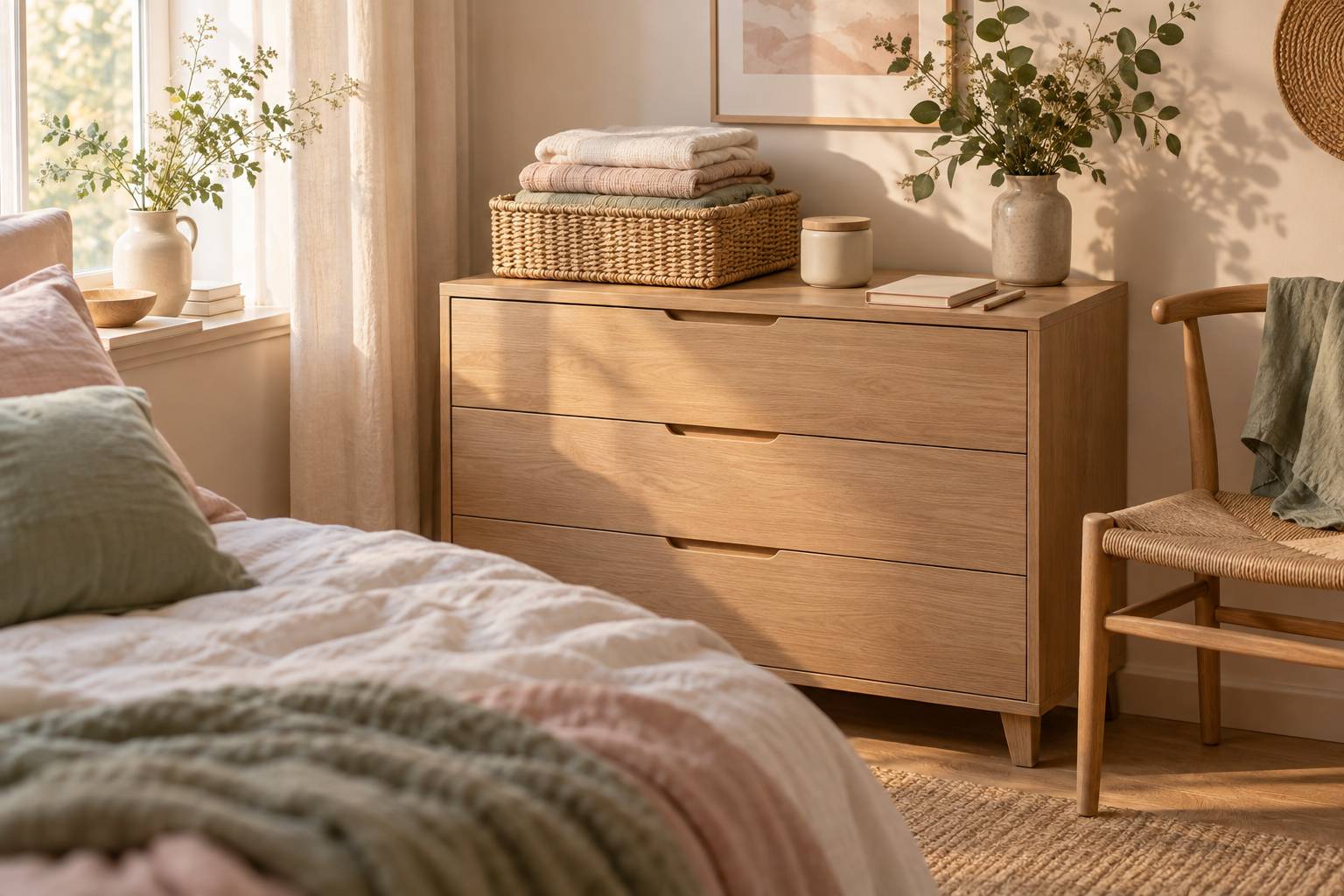 Coin de chambre avec linge plie et carnet vierge poses sur une commode
