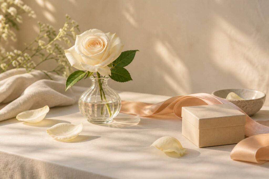 Rose blanche dans un vase en verre avec ruban de satin et pétales sur fond ivoire