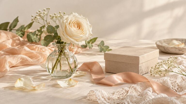 Rose blanche dans un vase en verre avec ruban et boîte à souvenirs
