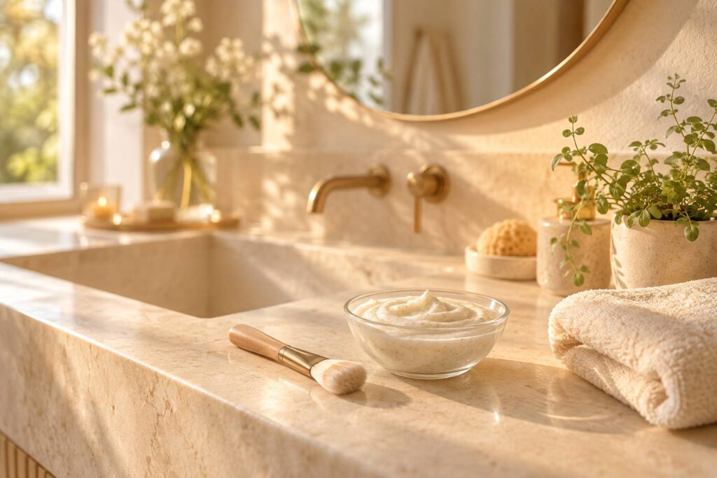 Crème exfoliante de peeling posée sur une coupelle en verre dans une salle de bain