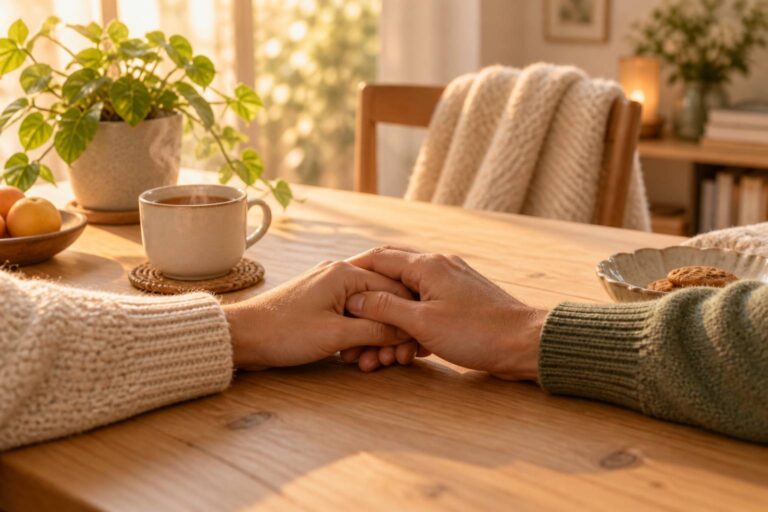Mains d'adultes enlacées au-dessus d'une tasse de thé fumante sur une table en bois