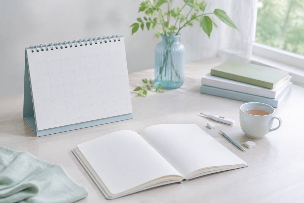 Calendrier vierge et carnet de suivi posés près d'une tasse