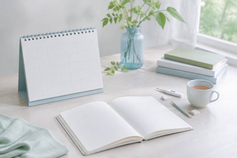Calendrier vierge et carnet de suivi posés près d'une tasse