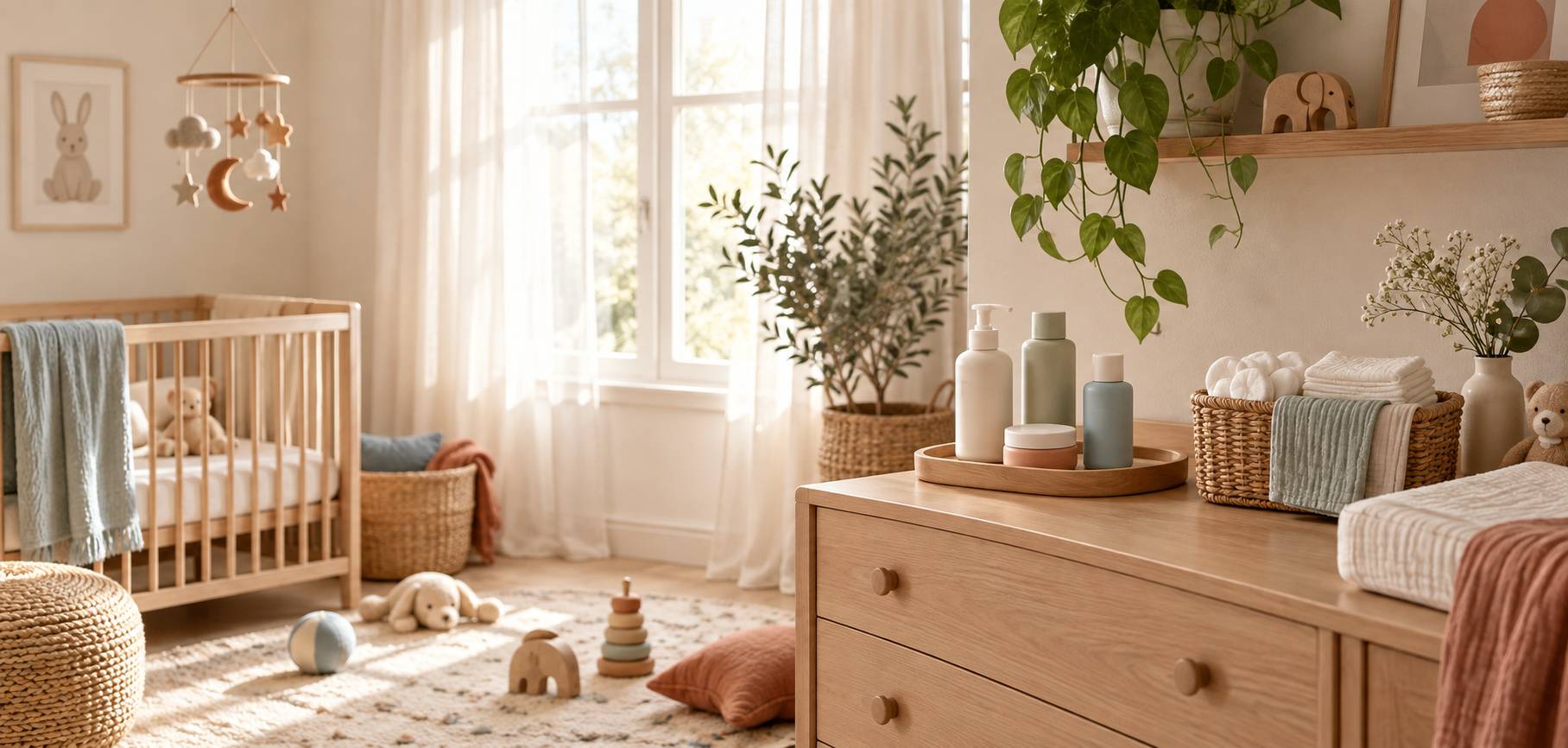Chambre de bébé avec flacons de soin unis et panier de cotons