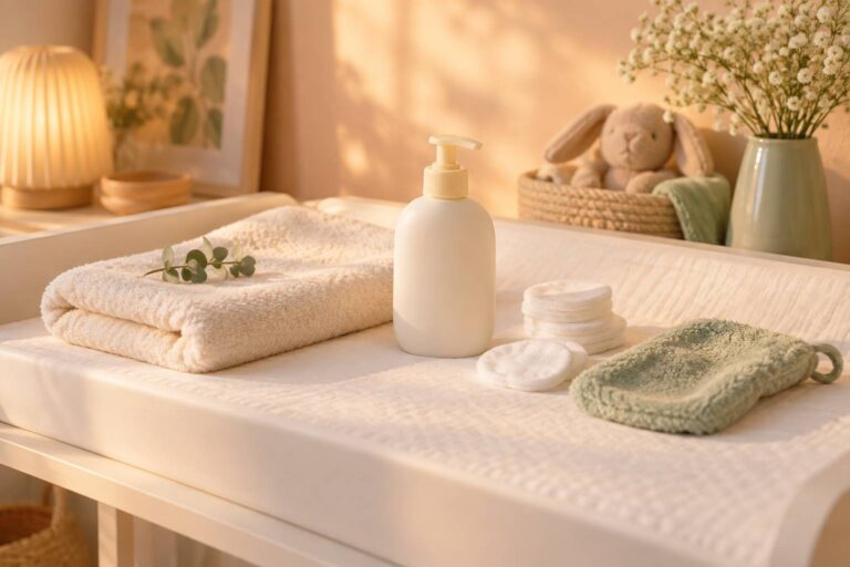 Produits de soin pour bébé posés sur une table à langer