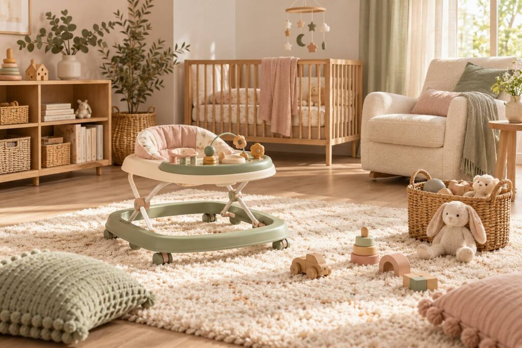 Youpala colore pose sur un tapis dans un salon avec jouets ranges