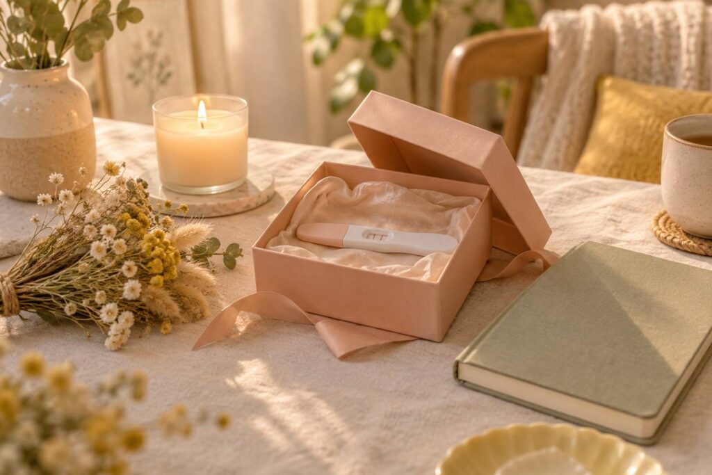 Boîte cadeau ouverte avec test de grossesse générique et fleurs séchées sur une table douce