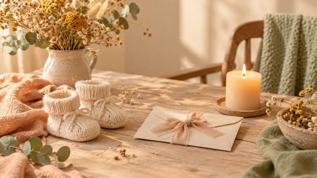 Petite paire de chaussons tricotés et enveloppe à ruban sur une table douce et lumineuse