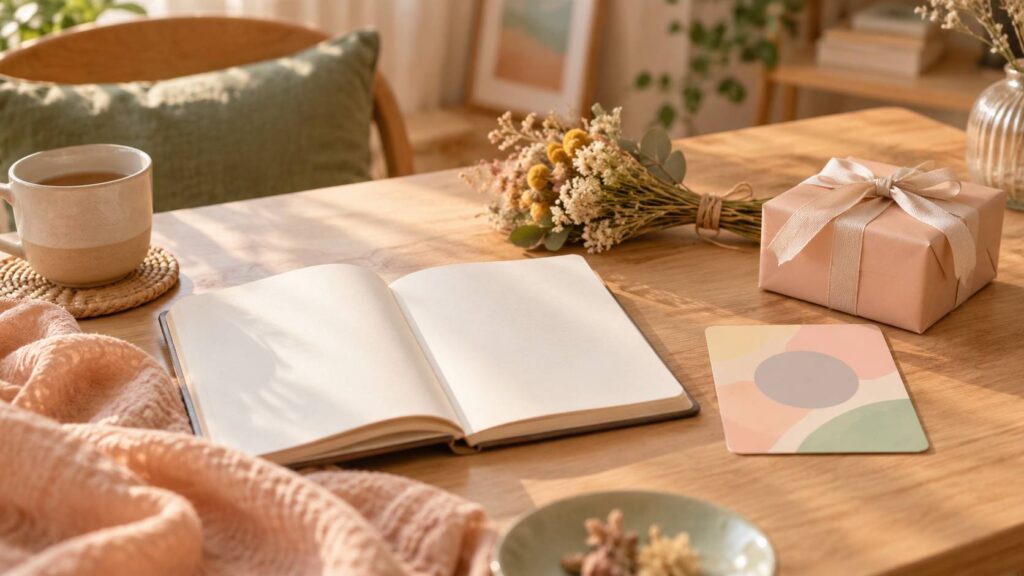 Carnet ouvert, carte et fleurs séchées pour annoncer une grossesse sur table douce