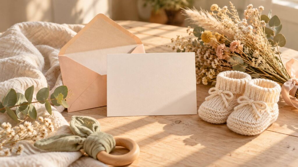 Carte d'annonce, enveloppe, chaussons en tricot et fleurs séchées sur une table douce