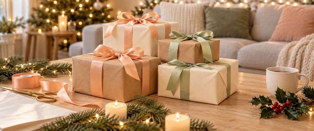 Colis de Noel emballes dans un papier uni avec rubans de satin sur une table en bois clair