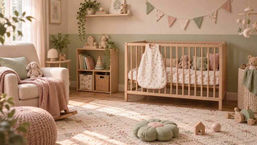 Chambre de bébé aux tons pastel avec gigoteuse, peluches et fanions