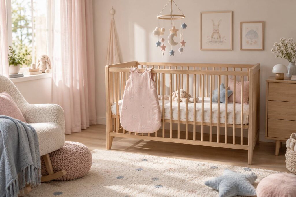 Lit à barreaux générique avec matelas et turbulette dans une chambre de bébé