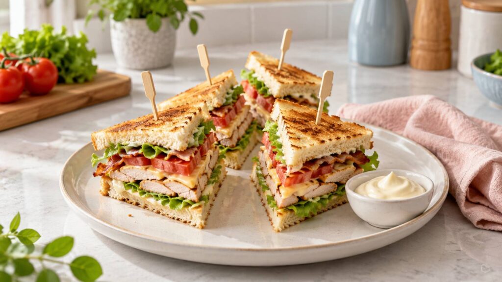 Club sandwich maison coupé en triangles avec pain toasté, poulet, bacon, laitue et tomate