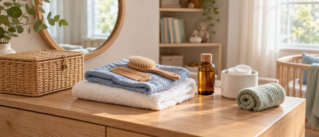 Peigne fin, brosse douce et flacon d'huile pour les soins du cuir chevelu du nourrisson