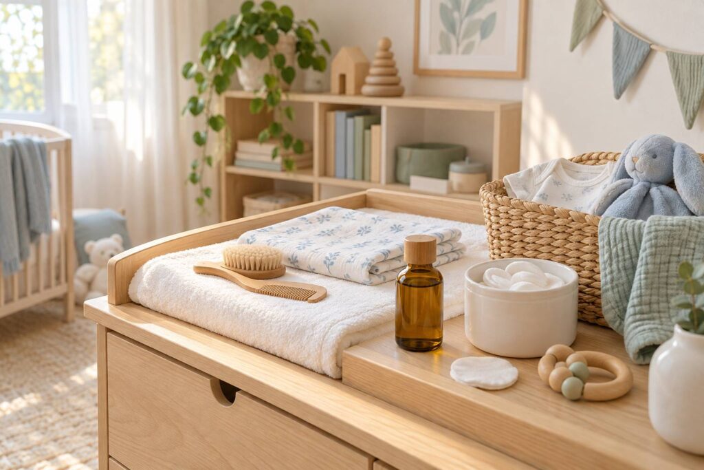 Table à langer avec serviette douce, brosse en bois et flacon d'huile pour les soins du bébé
