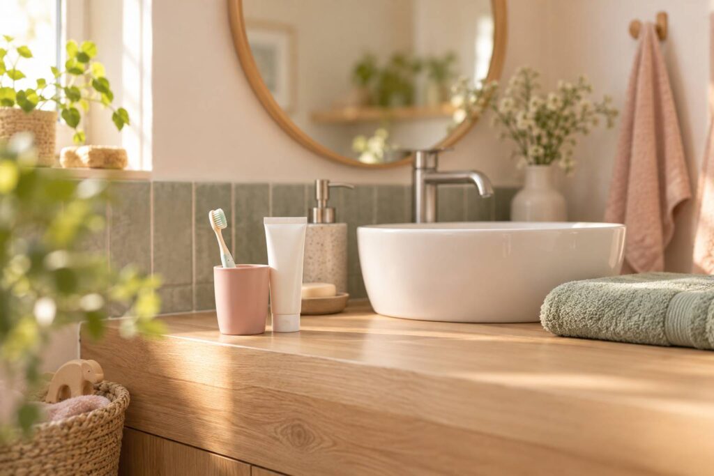 Coin toilette clair avec petite brosse à dents d'enfant, dentifrice et serviette