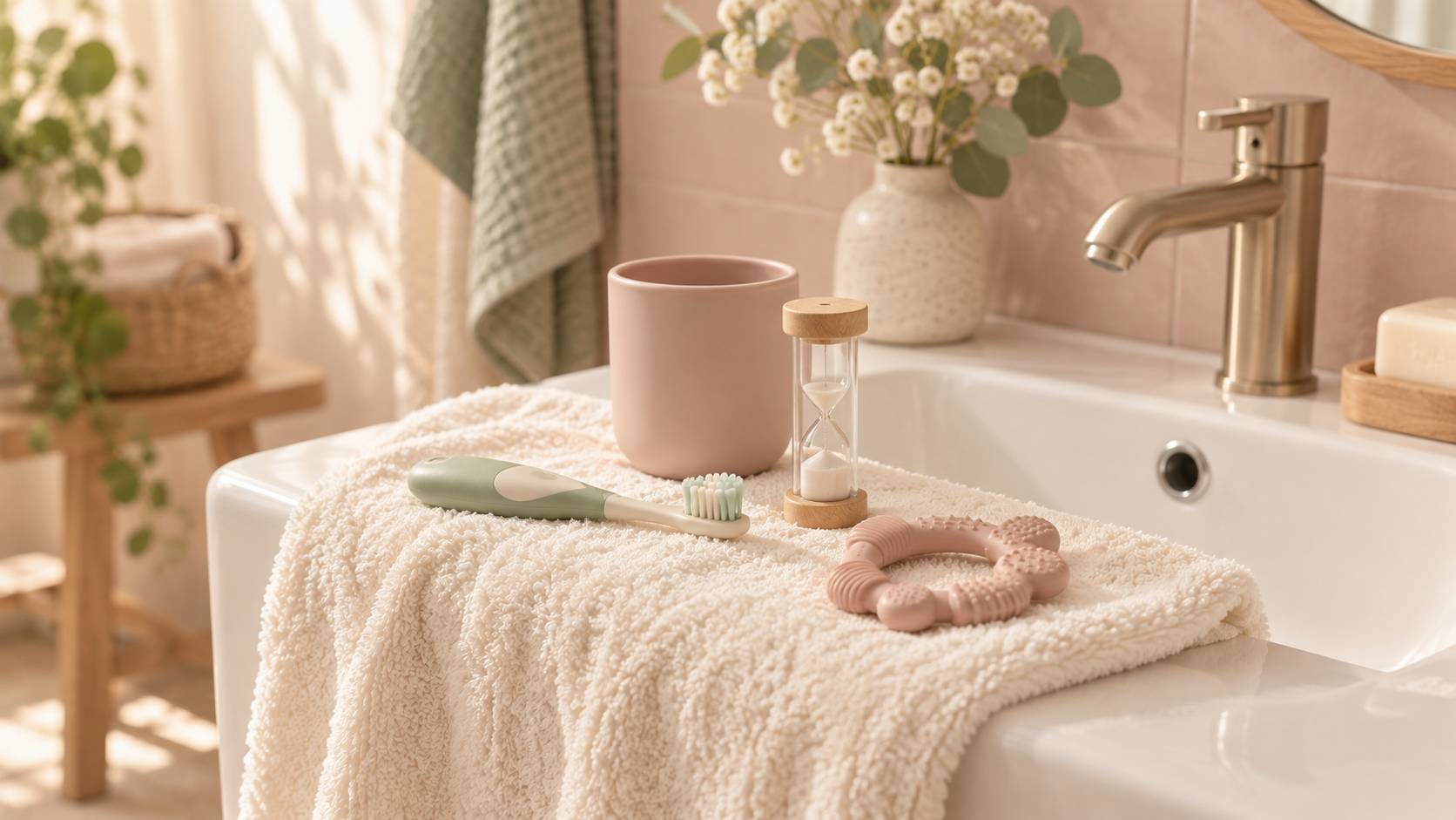 Rebord de lavabo avec brosse à dents d'enfant, gobelet et anneau de dentition