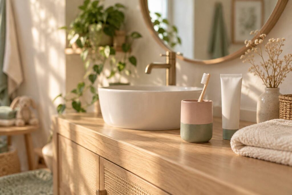 Salle de bain claire avec petite brosse à dents d'enfant, dentifrice et serviette