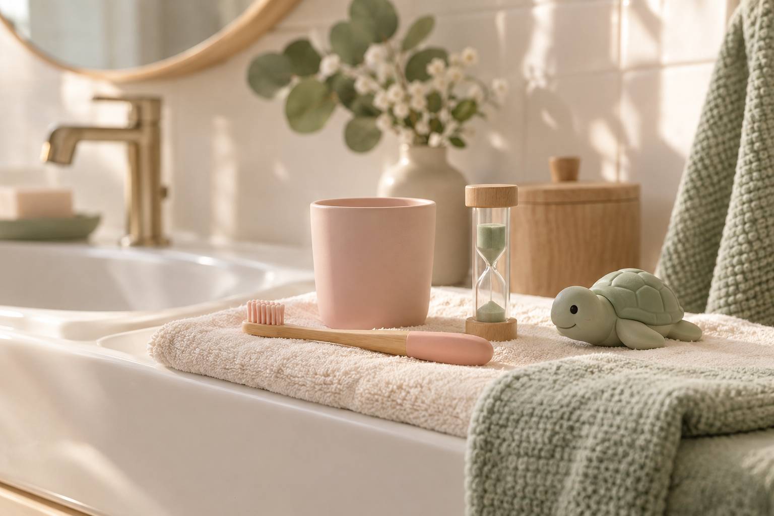 Rebord de lavabo avec brosse à dents d'enfant, gobelet et sablier de brossage