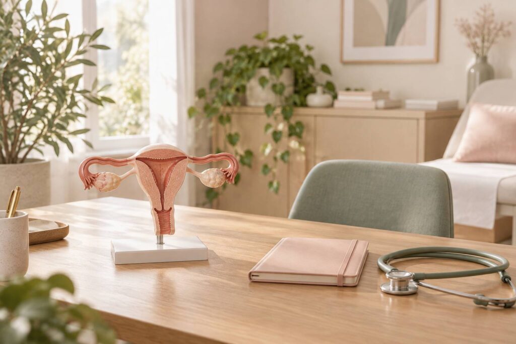 Modele anatomique d'uterus pose sur un bureau medical lumineux