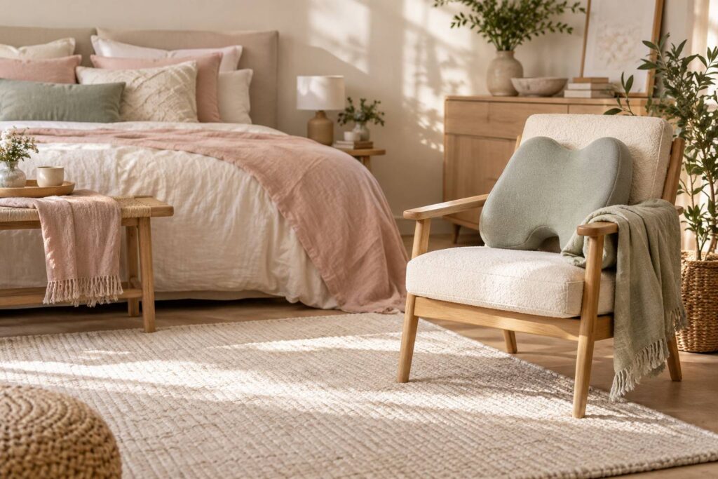 Chambre parentale lumineuse avec coussin de soutien et plaid de lin