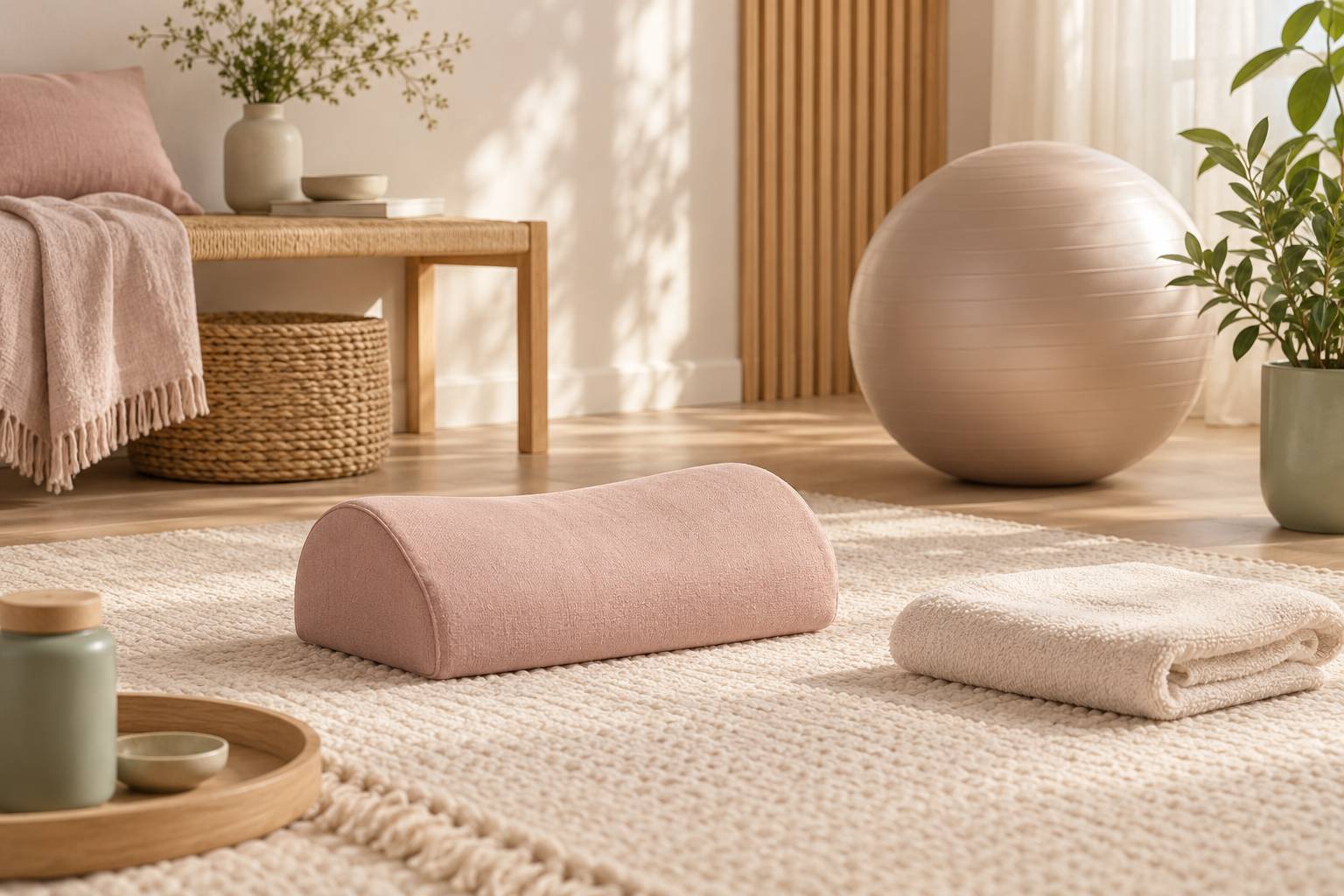 Espace bien-etre doux avec coussin lombaire et ballon d'exercice neutre