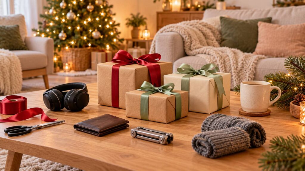 Colis cadeaux en papier kraft et rubans avec montre, casque audio et multi-outil sur une table
