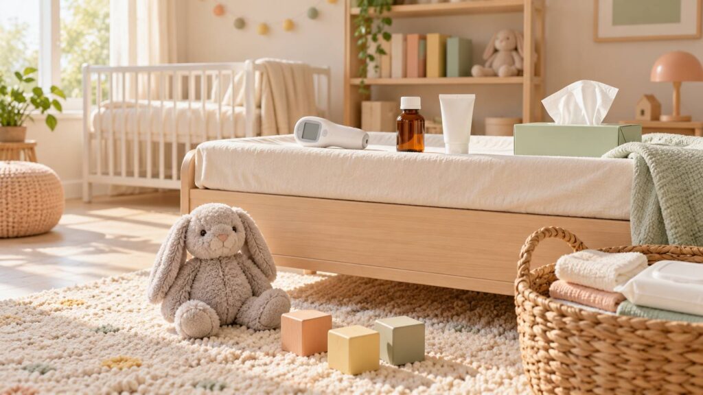 Table à langer en bois clair avec thermomètre, flacon de sirop et doudou dans une chambre d'enfant