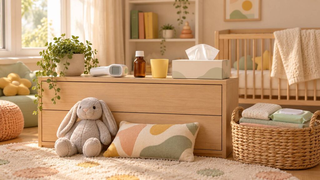 Chambre d'enfant claire avec thermomètre, flacon de sirop et doudou sur une commode
