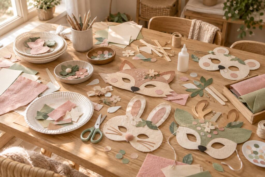 Table d'activites creatives avec masques d'Halloween en carton et feutrine