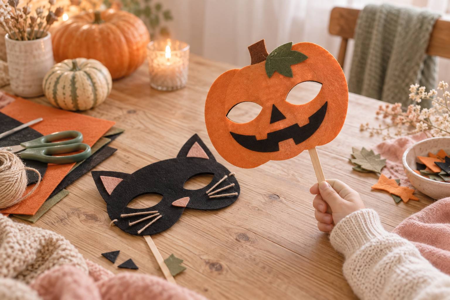 Masques d'Halloween simples en carton tenus par un batonnet