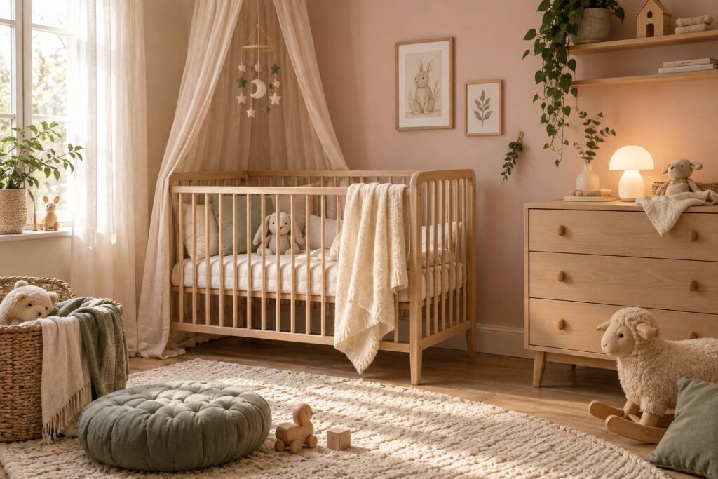 Chambre de bebe avec berceau, veilleuse allumee et doudou